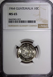 GUATEMALA Silver 1964 10 Centavos NGC MS65 GEM BU LUSTER KEY DATE KM# 262 (023)
