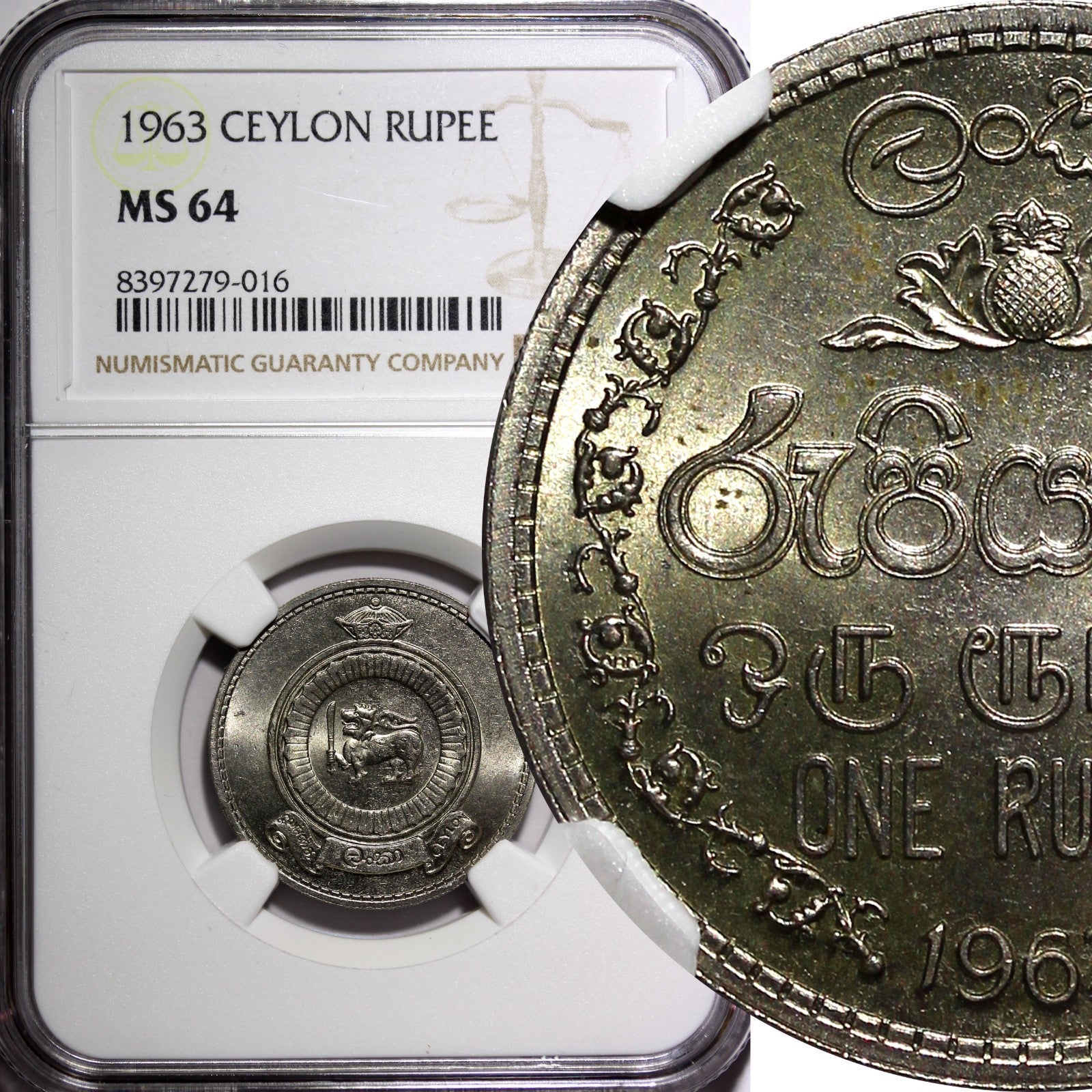 Ceylon Elizabeth II 1963 1 Rupee 1st Year Type NGC MS64 KM# 133