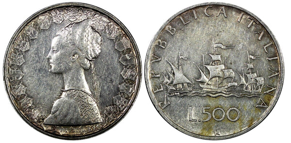 ITALY Silver 1959 R 500 Lire Columbus' ships HIGH GRADE KM# 98 (25 132)