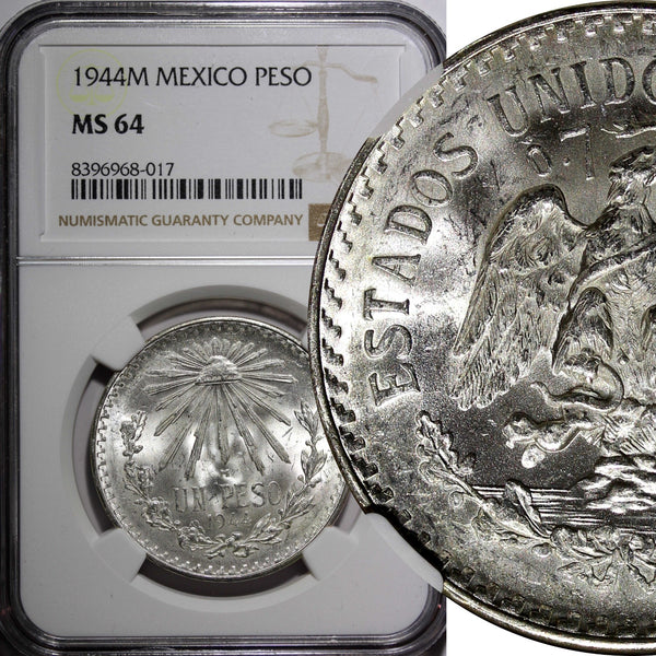 Mexico ESTADOS UNIDOS MEXICANOS Silver 1944 M 1 Peso NGC MS64 GEM BU KM# 455 (7)