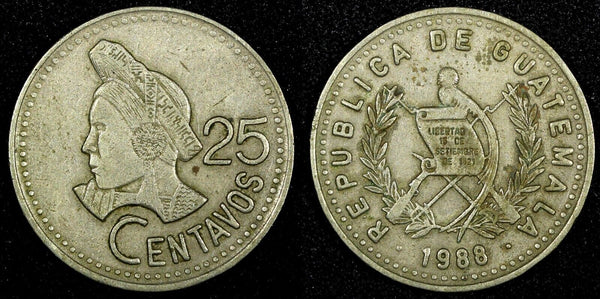 Guatemala Copper-Nickel 1988 25 Centavos KM# 278.5  (24 659)