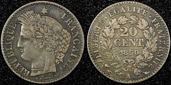 FRANCE Silver 1850 A  20 Centimes Paris Mint KM# 758.1 (24 699)