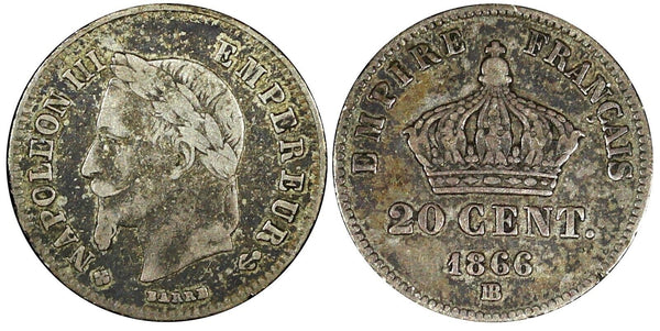 FRANCE Napoleon III Silver 1866 BB 20 Centimes Toned KM# 805.2 (25 050)