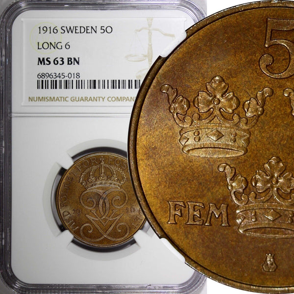 Sweden Gustaf V Bronze 1916 5 Öre  NGC MS63 BN  KM# 779.2 (18)