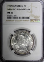 SWEDEN Silver 1907 EB 2 Kronor NGC MS62 Golden Wedding Anniversary KM# 776 (004)