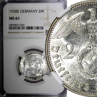 Germany-Third Reich Silver 1938 E 2 Reichs Mark NGC MS61 Hindenburg KM# 93 (020)