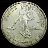 PHILIPPINES Silver 1918 S  50 Centavos 27.5 mm BETTER DATE XF- aUNC KM# 171 (66)