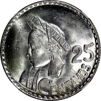 GUATEMALA Silver 1961 25 Centavos NGC MS63 GEM BU KM# 263 (026)