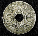 FRANCE Copper-Nickel 1934 5 Centimes KM# 875 (27 737)