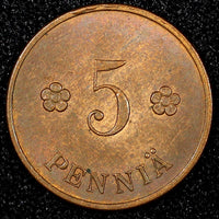 FINLAND Copper 1928 5 Penniä  CHOICE UNC Toned KM# 22 (24 014)