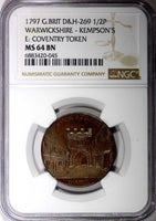 GREAT BRITAIN Warwickshire 1797 1/2 Penny Token Kempson's NGC MS64 BN DH# 269