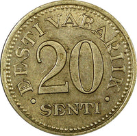 ESTONIA Nickel-Bronze 1935 20 Senti 1 Year Type XF Toned KM# 17 (24 343)