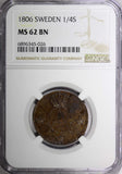 SWEDEN Gustav IV Adolf 1806 1/4 Skilling NGC MS62 BN  KM# 564 (026)