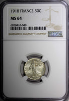 FRANCE Silver 1918 50 Centimes NGC MS64 KM# 854 (049)