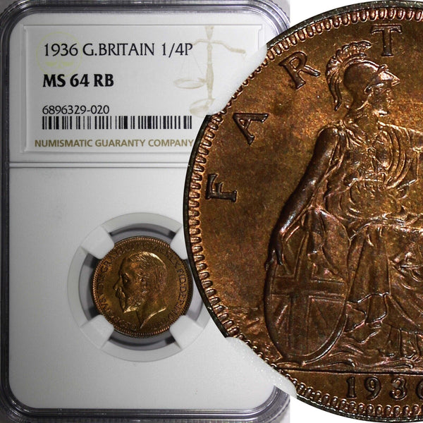 Great Britain George V (1910-1936) 1936 Farthing NGC MS64 RB LAST DATE KM#825(0)