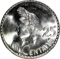 GUATEMALA Silver 1964 25 Centavos NGC MS65 GEM BU LAST YEAR KM# 263 (048)