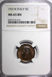Italy Vittorio Emanuele III 1921 R 5 Centesimi NGC MS65 BN TOP GRADED KM# 59 (0)