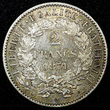 FRANCE Silver 1871 A 2 Francs Paris Mint 27mm XF Toned KM# 817.1  (25 546)