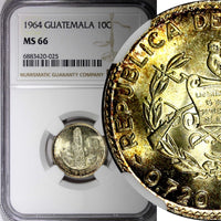 GUATEMALA Silver 1964 10 Centavos NGC MS66 GEM BU LUSTER KEY DATE KM# 262 (025)