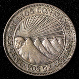 Nicaragua Silver 1929 25 Centavos Mint-20.000 XF Toned SCARCE KM# 14 (30 012)