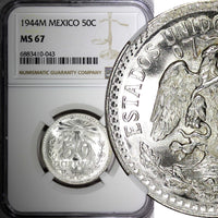 Mexico ESTADOS UNIDOS Silver 1944 M 50 Centavos NGC MS67 GEM BU KM# 447 (043)