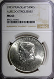 Paraguay President Stroessner Silver 1973 300 Guaranies NGC MS63 KM# 29 (004)