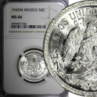 Mexico ESTADOS UNIDOS Silver 1945 M 50 Centavos NGC MS66 GEM GEM BU KM# 447 (46)
