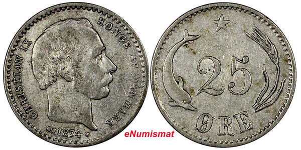 DENMARK Christian IX Silver 1874 CS 25 Øre RARE DATE KM# 796.1