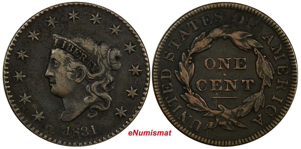 US Copper 1831 Coronet Head Large Cent 1c (11 373)
