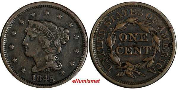 US Copper 1845 Braided Hair Large Cent 1C  (13 694)