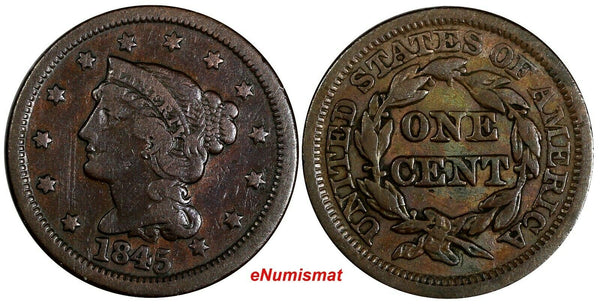 US Copper 1845 Braided Hair Large Cent 1C (13 709)