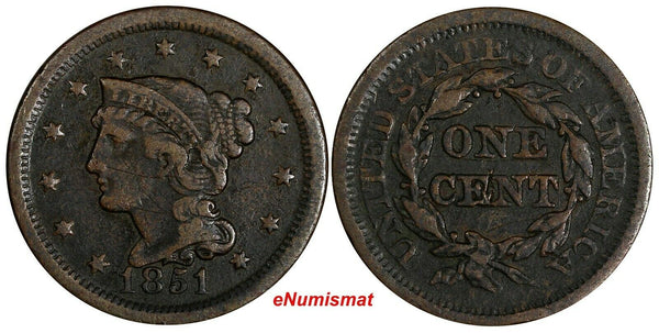 US Copper 1851 Braided Hair Large Cent 1C (13 709)
