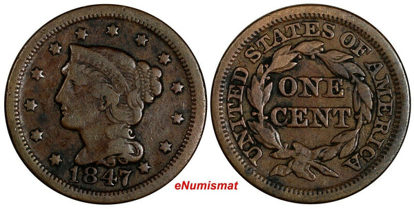 US Copper 1847 Braided Hair Large Cent 1C  (13 750)