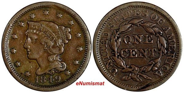 US Copper 1849 Braided Hair Large Cent 1 c. (13 775)