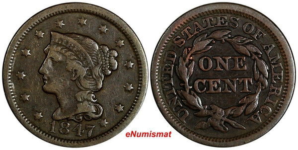 US Copper 1847 Braided Hair Large Cent 1 c. (13 777)