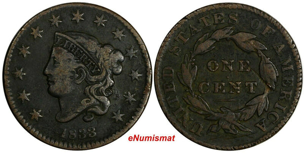 US Copper 1833 Coronet Head Large Cent 1c EX.LUX FAMILY COLLECTION (13 800)