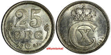 Denmark .Christian X Silver 1913 VBP GJ 25 Ore Ch.UNC KM# 815.1 (15016)