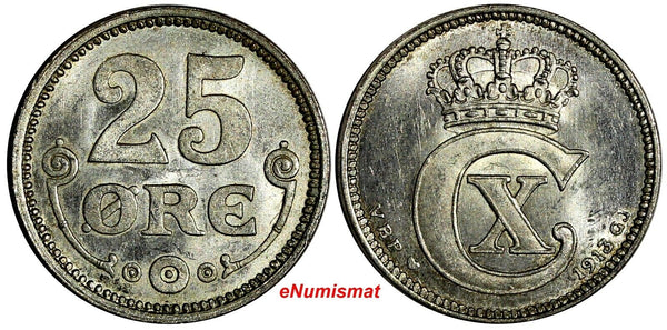 Denmark .Christian X Silver 1913 VBP GJ 25 Ore Ch.UNC KM# 815.1 (15016)