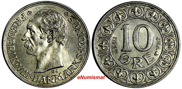Denmark Frederik VIII Silver 1912 10 Ore LAST DATE Ch.UNC KM# 807(15 019)