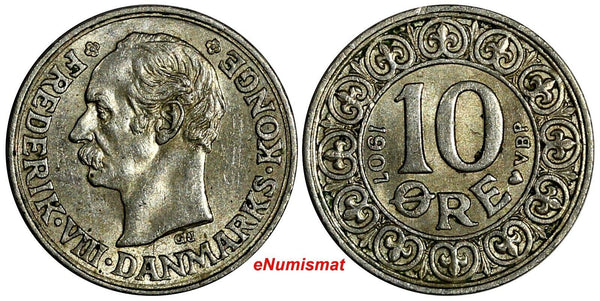 Denmark Frederik VIII Silver 1907 VBP; GJ 10 Ore UNC Condition KM# 807 (15 052)