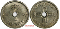 Norway Haakon VII Copper-Nickel 1941 50 Ore WWII Issue High Grade KM# 386