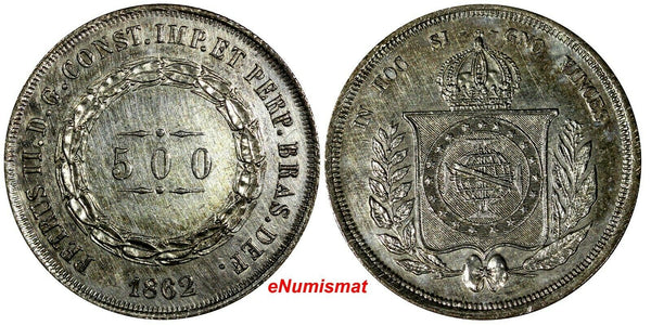 Brazil Pedro II Silver 1862 500 Reis aUNC Nice Toned KM# 464