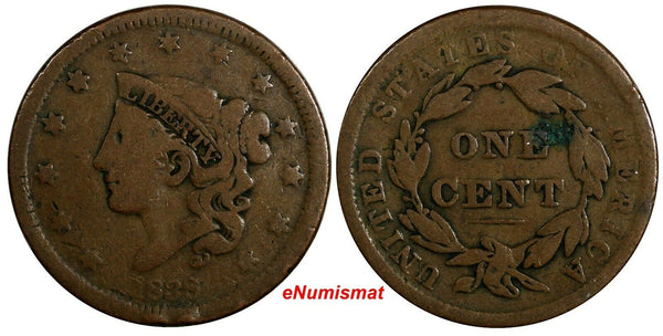 US Copper 1838 Coronet Head Large Cent 1c  (15 657)