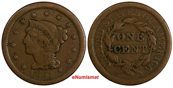 US Copper 1851 Braided Hair Large Cent 1 c. (15 671)