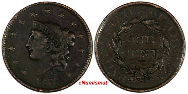 US Copper 1837 Coronet Head Large Cent 1C (17 080)