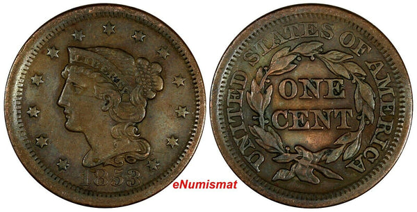 US Copper 1853 Braided Hair Large Cent 1 c. (17 099)