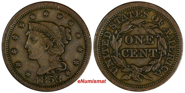 US Copper 1853 Braided Hair Large Cent 1 c. (17 100)
