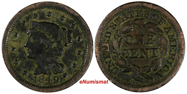 US Copper 1849 Braided Hair Large Cent 1 c. (17 105)
