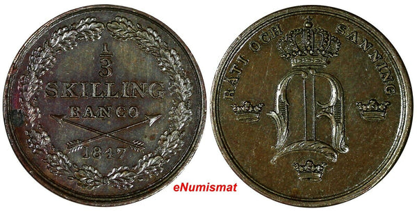 Sweden Oscar I Copper 1847 1/3 Skilling Mintage-783,000  XF Condition KM# 657