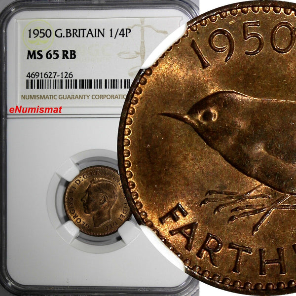 Great Britain George VI Bronze 1950 Farthing NGC MS65 RB  KM# 867